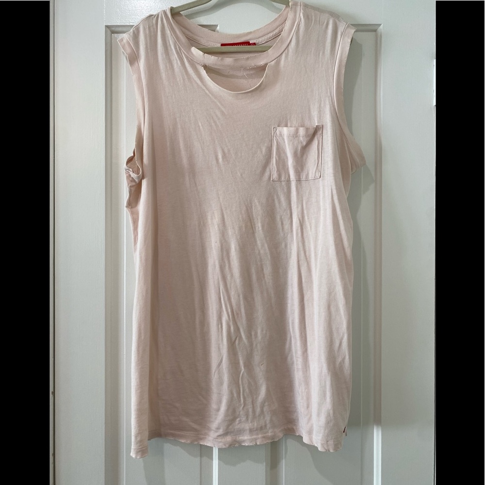 N: philanthropy sleeveless distressed cutoff front pocket top long shirt